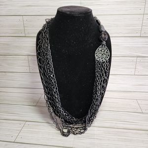 Treska Signed Statement Necklace Multiple Strands Black Beads Chain Filagree